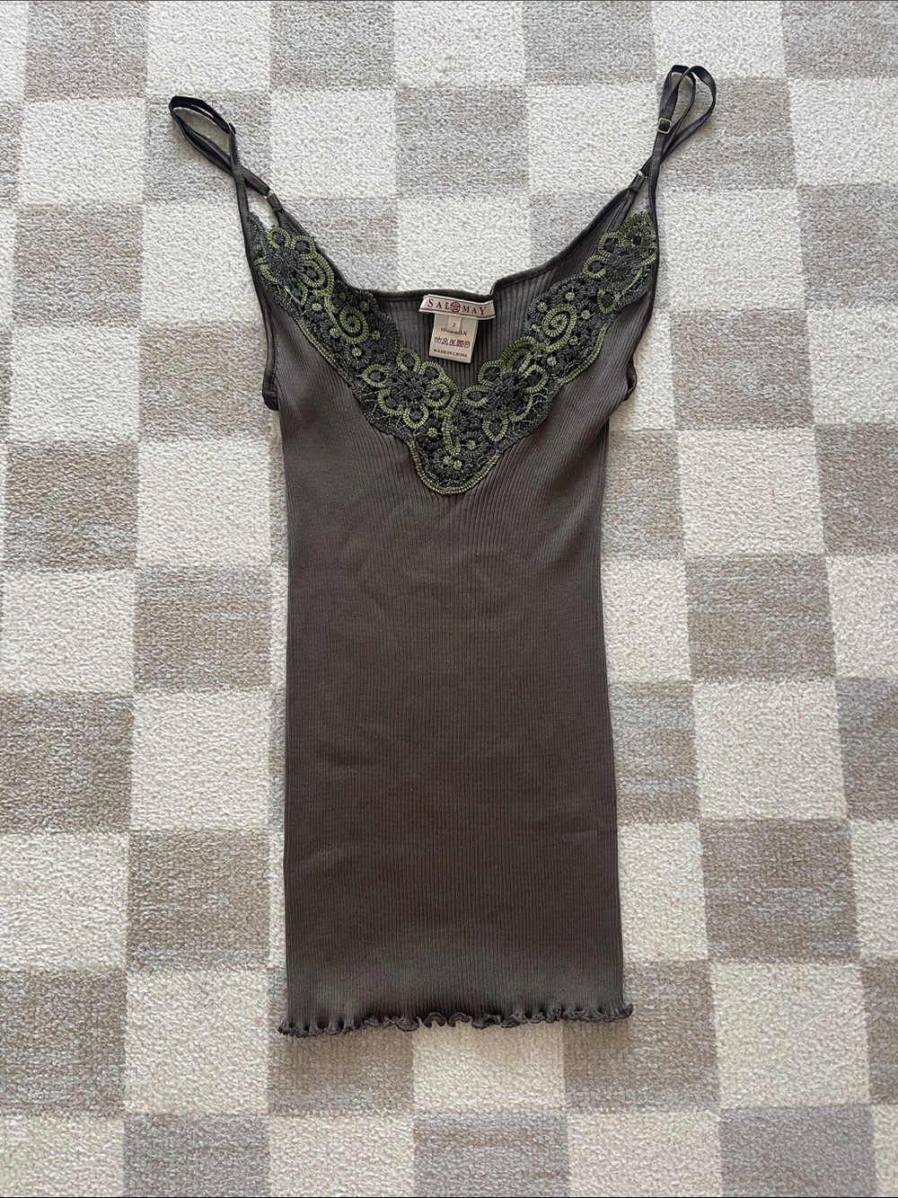 Olive Green Lace-Trim Ribbed Camisole